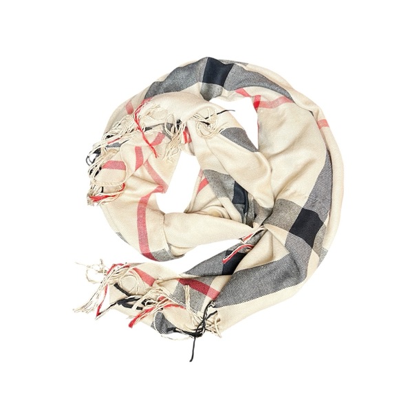 Plaid Fringe Scarf Beige Red Fall Winter Fringe Classic Tartan Pattern Gray - Picture 2 of 8